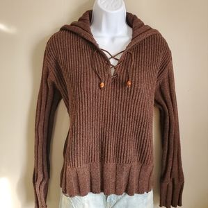 Peter Carol Knitwear Vintage Maroon & Olive Green Lace Up V-Neck Sweater